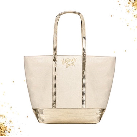 Victoria's Secret Handbags - 🆕 Victoria's Secret Tote Bag Tan and Gold Sequin